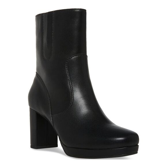 AQUA COLLEGE Womens Black Hadi Almond Toe Block Heel Leather Booties 6 M